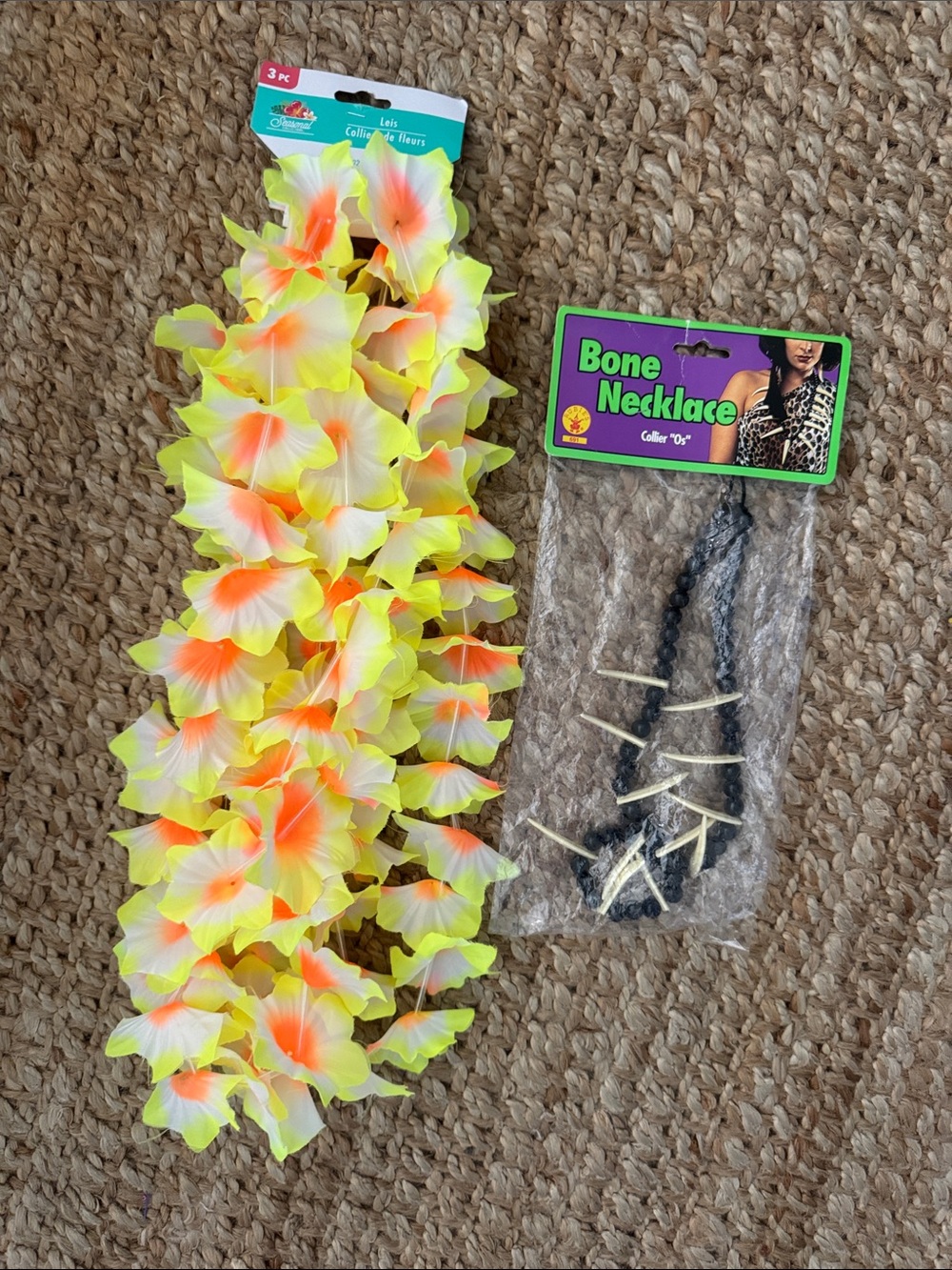 Lei Flower 3 piece set - Neon Yellow with Orange & caveman bone necklace bundle